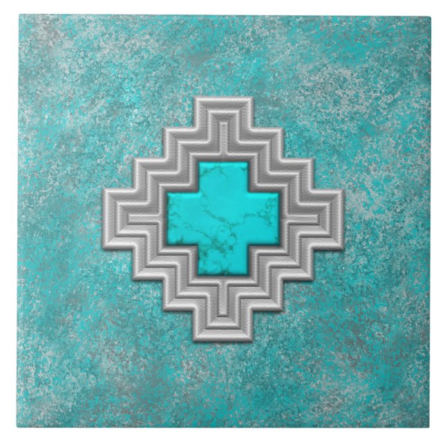Southwest Turquoise Stone Geometric Pattern Tile (Front)