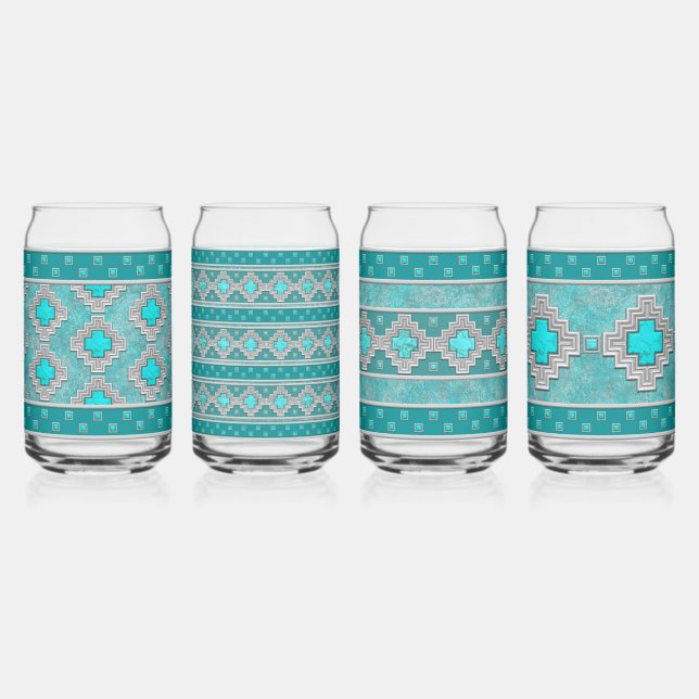 Southwest Turquoise Stones Geometric Assorted Set Can Glass (Front)
