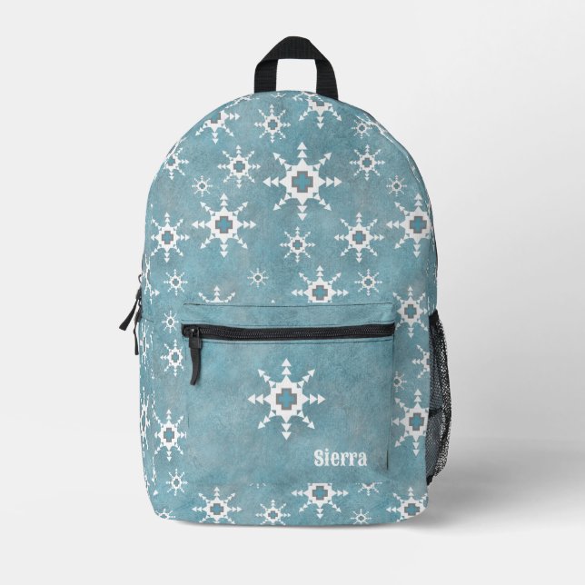 Southwest Winter Blue White Snowflake Personalized Printed Backpack (Front)