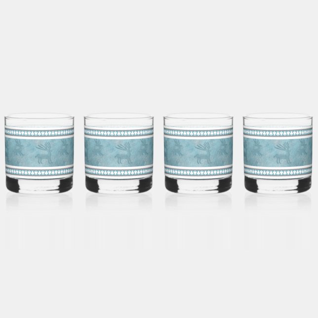 Southwest Winter Deer Blue and White Whiskey Glass (Front)