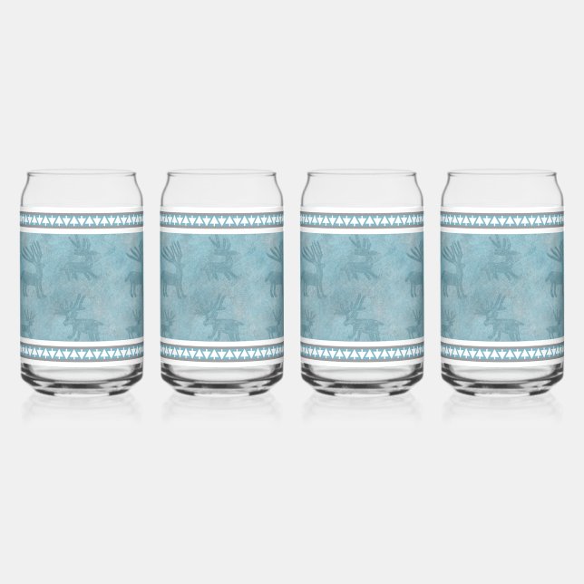 Southwest Winter Deer Petroglyphs Blue and White Can Glass (Front)