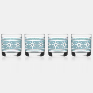Southwest Winter Geometric Snowflakes Blue & White Whiskey Glass