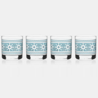 Southwest Winter Geometric Snowflakes Blue & White Whiskey Glass