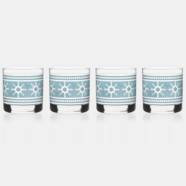 Southwest Winter Geometric Snowflakes Blue & White Whiskey Glass (Front)