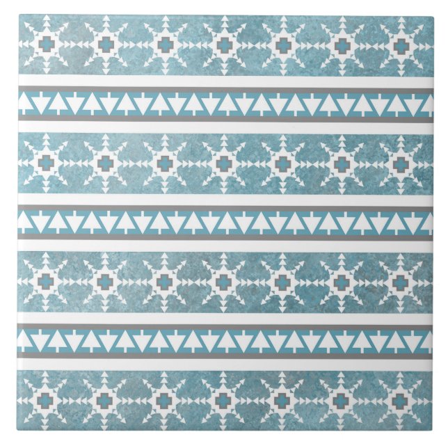 Southwest Winter Snowflake Pine Tree Blue Stripes Tile (Front)
