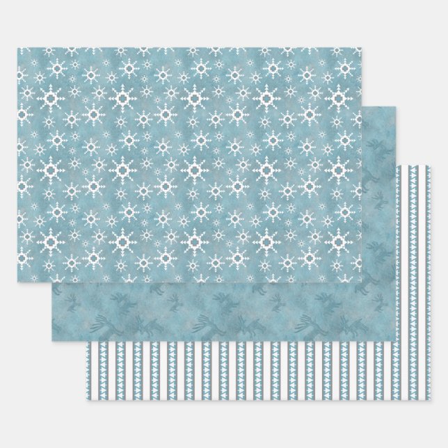 Southwest Winter Snowflakes Deer Pines Pattern Wrapping Paper Sheet (Set)