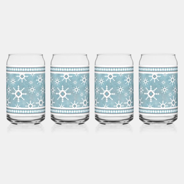 Southwest Winter Snowflakes Pattern Blue and White Can Glass (Front)