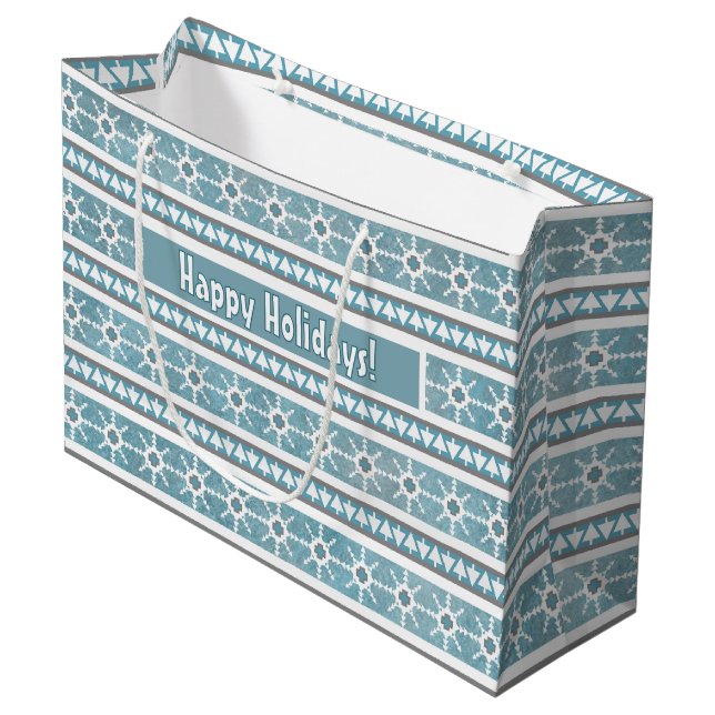 Southwest Winter Snowflakes & Pine Trees Blue Large Gift Bag (Front Angled)