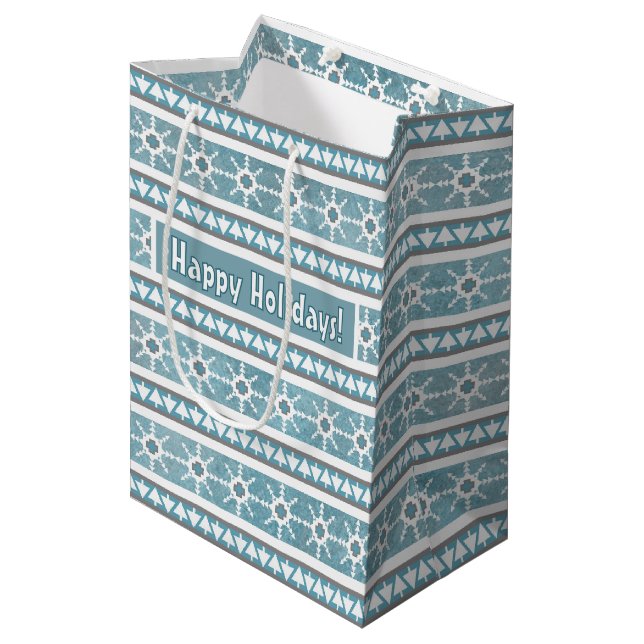 Southwest Winter Snowflakes & Pine Trees Blue Medium Gift Bag (Front Angled)