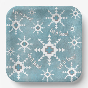 Southwest Winter Snowflakes & Pine Trees Blue Paper Plate