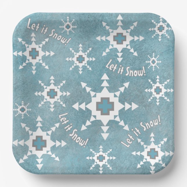 Southwest Winter Snowflakes & Pine Trees Blue Paper Plate (Front)