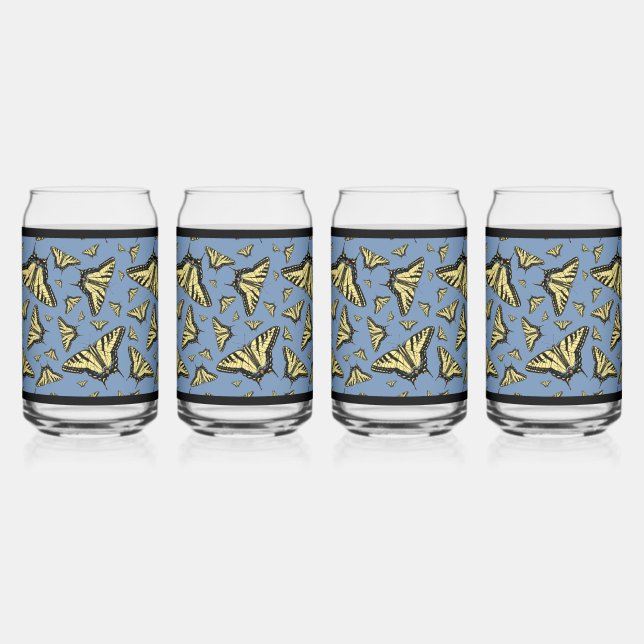 Southwest Yellow Swallowtail Butterflies Blue Can Glass (Front)