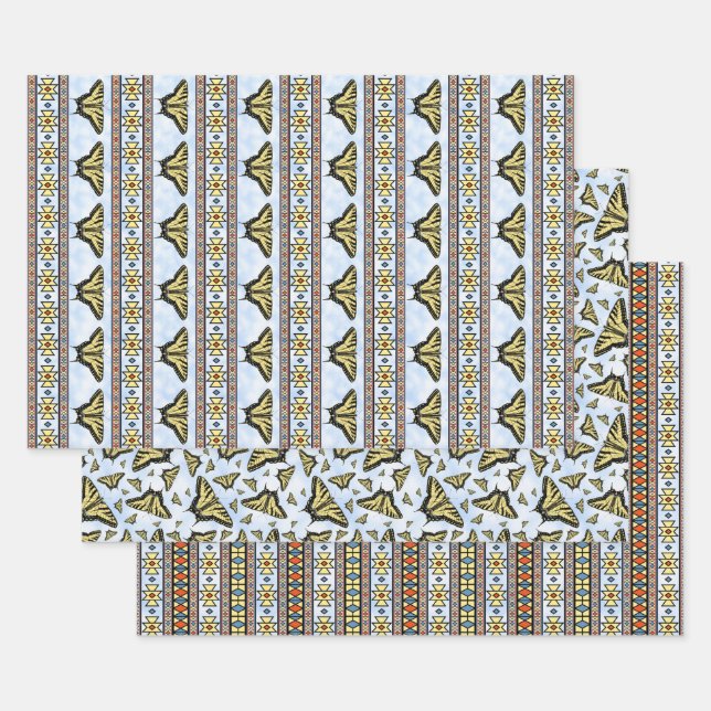 Southwest Yellow Swallowtail Butterflies Blue Sky Wrapping Paper Sheet (Set)