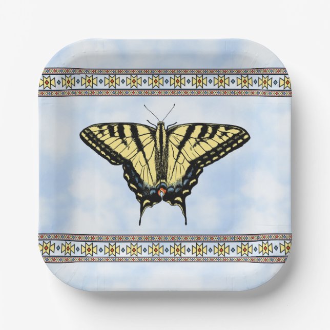 Southwest Yellow Swallowtail Butterfly Blue Sky Paper Plate (Front)