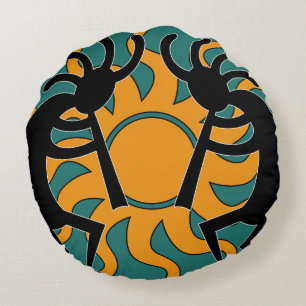 Southwest Yellow Turquoise Tribal Sun Kokopelli Round Pillow