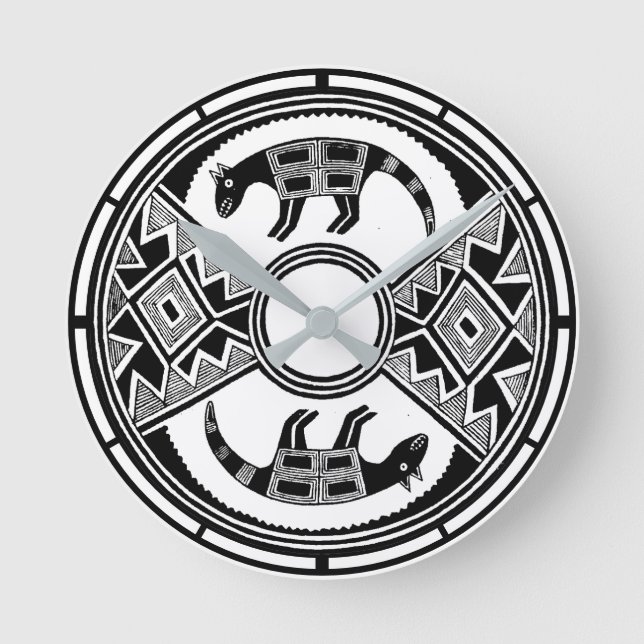 Southwestern Art Wolves Ancient Mimbres Pottery Round Clock (Front)