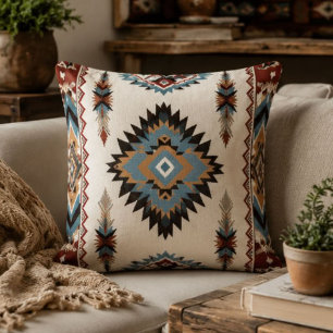Southwestern Aztec Geometric Boho Blue, Rust & Cre Throw Pillow