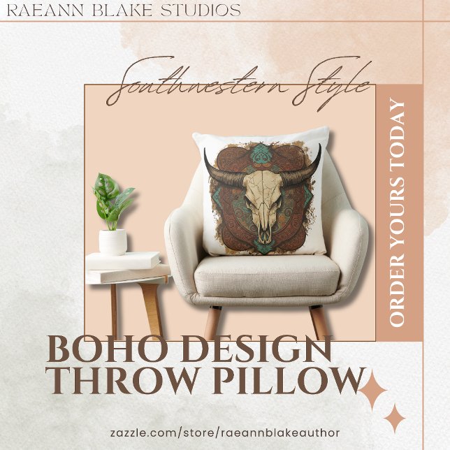 Southwestern Boho Design Bull Skull Throw Pillow (Creator Uploaded)