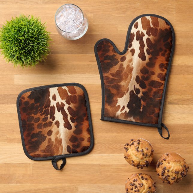 Southwestern Brown Cream Cowhide  Oven Mitt & Pot Holder Set (Top Down)