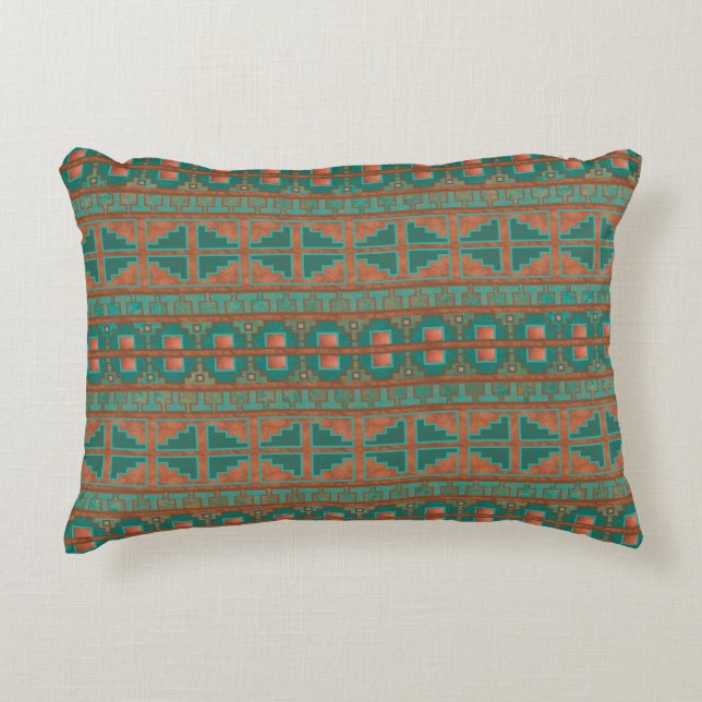 Southwestern Copper Teal Geometric Pattern Accent Pillow (Front)