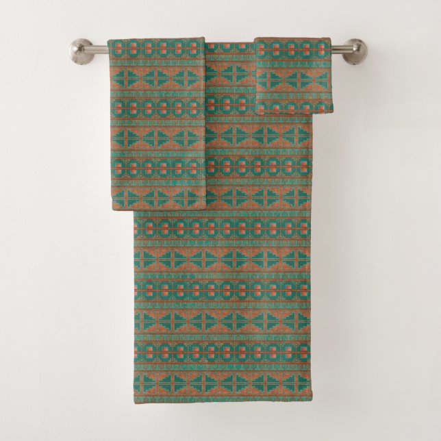 Southwestern Copper Teal Geometric Pattern Bath Towel Set (Insitu)