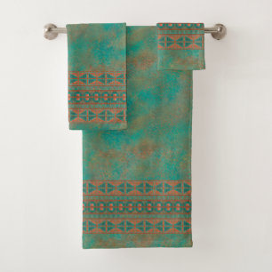 Southwestern Copper Teal Geometric Pattern Bath Towel Set