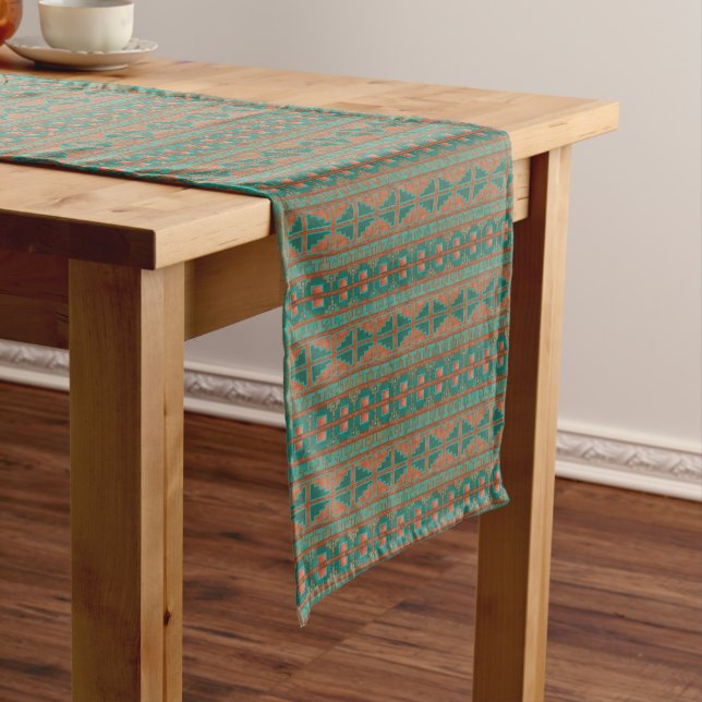 Southwestern Copper Teal Geometric Pattern Medium Table Runner (In Situ)