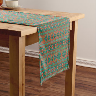 Southwestern Copper Teal Geometric Pattern Short Table Runner