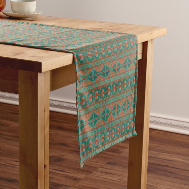 Southwestern Copper Teal Geometric Pattern Short Table Runner (In Situ)