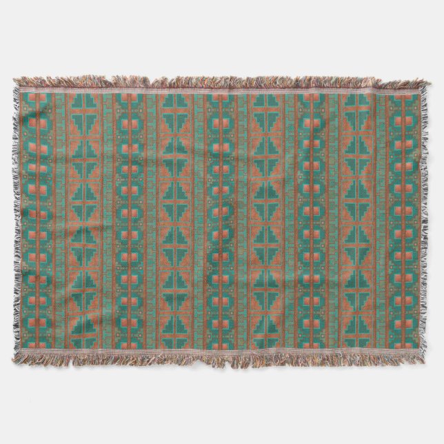 Southwestern Copper Teal Geometric Pattern Throw Blanket (Front)