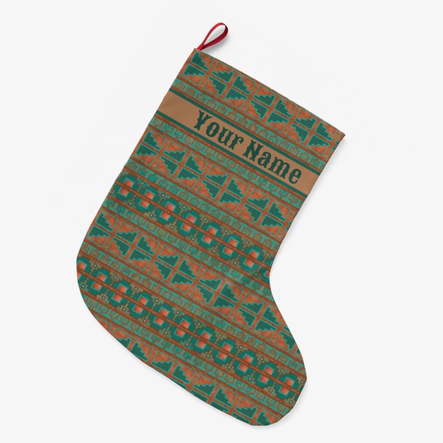 Southwestern Copper Teal Geometric Personalized Large Christmas Stocking (Front (Hanging))