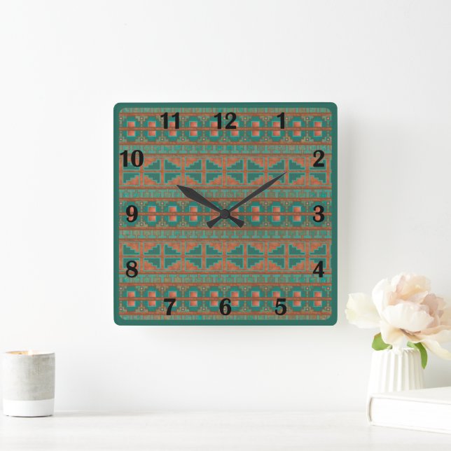 Southwestern Copper Teal Geometric Regular Numbers Square Wall Clock (Home)