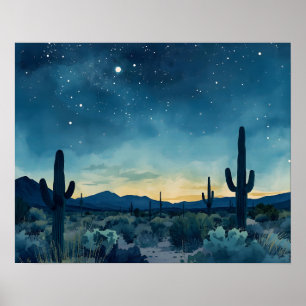 Southwestern Desert Night Sky with Cacti Poster