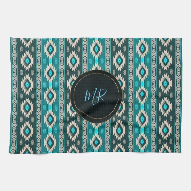 Southwestern ethnic  pattern. Monogram. Kitchen Towel (Horizontal)
