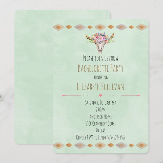 Southwestern Floral Cow Skull Bachelorette Party Invitation (Front/Back)