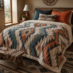  Southwestern Geometric Aztec Rust Orange Navy  Sherpa Blanket
