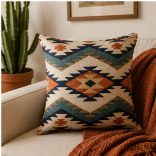 Southwestern Geometric Aztec Rust Orange Navy Throw Pillow