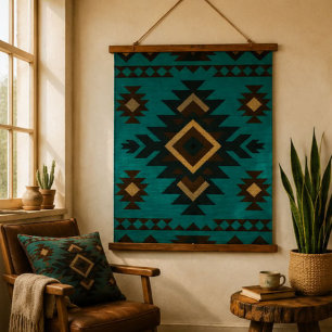 Southwestern Geometric Turquoise Brown Aztec Style Hanging Tapestry