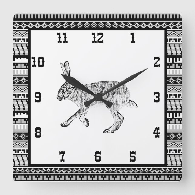 Southwestern Jackrabbit and Geometric Patterns Squ Square Wall Clock (Front)