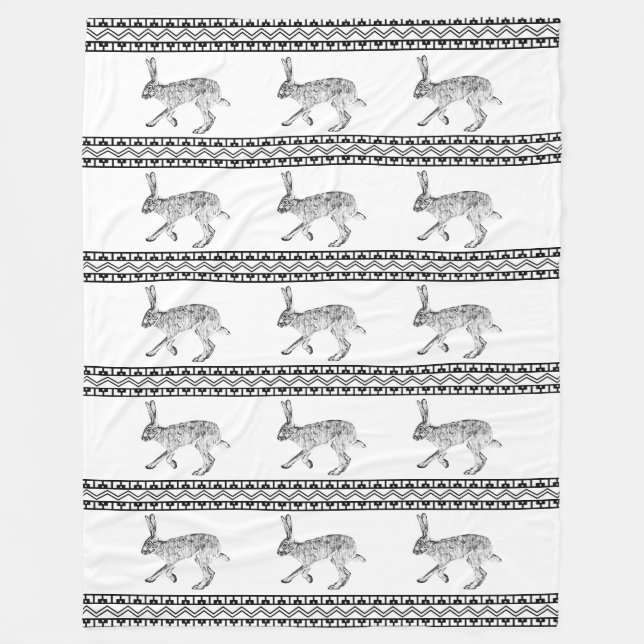 Southwestern Jackrabbit Black and White Geometric  Fleece Blanket (Front)