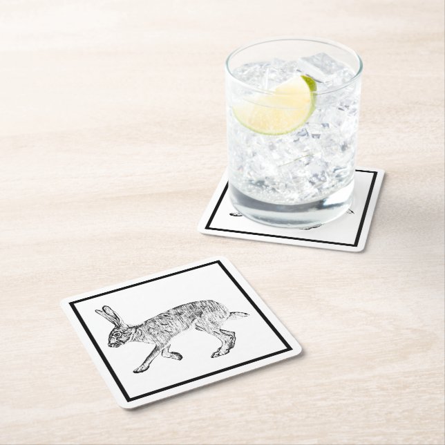 Southwestern Jackrabbit Black and White Square Paper Coaster (Insitu)