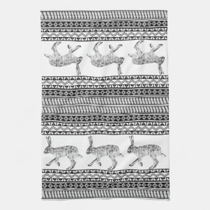Southwestern Jackrabbit Black Geometric Patterns Kitchen Towel