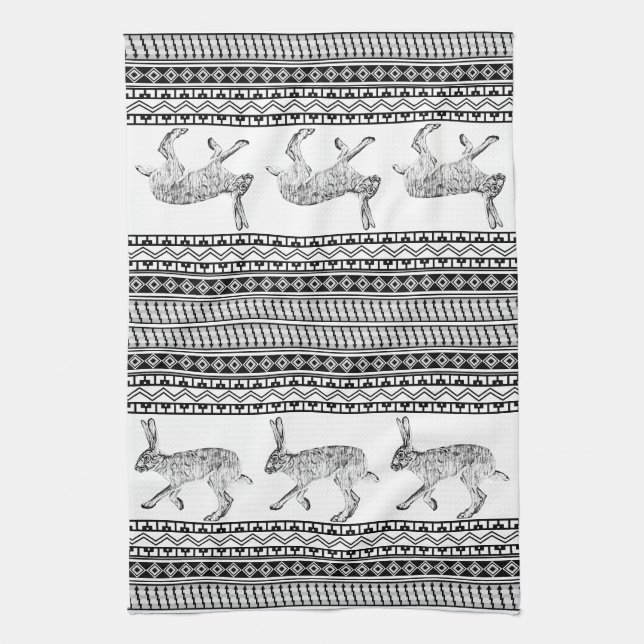 Southwestern Jackrabbit Black Geometric Patterns Kitchen Towel (Vertical)