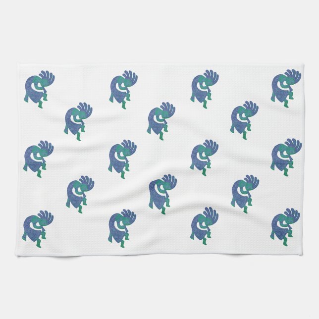 Southwestern Kokopelli Blue Green Pattern Kitchen Towel (Horizontal)