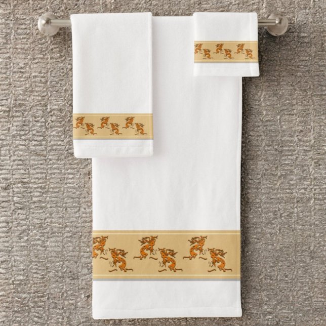 Southwestern Opposing Dancing Kokopelli Musicians Bath Towel Set (Three piece bathroom towel set )