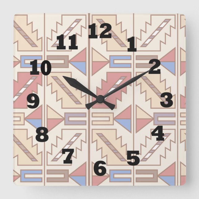 Southwestern Pattern in Brown Red and BLue Square Wall Clock (Front)