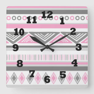 Southwestern Pink White and Grey Square Wall Clock