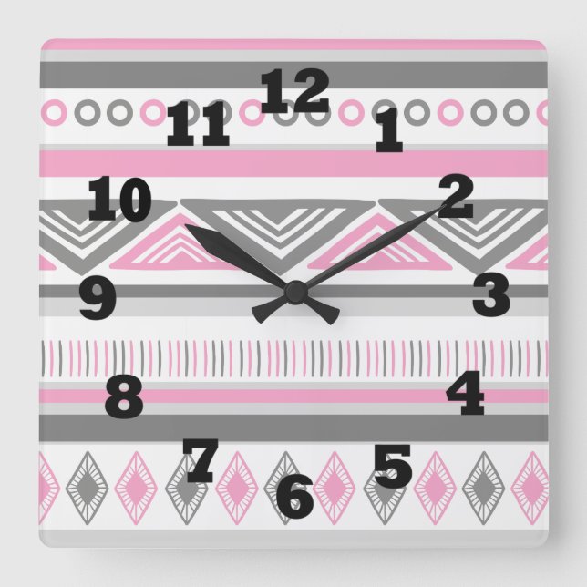 Southwestern Pink White and Grey Square Wall Clock (Front)