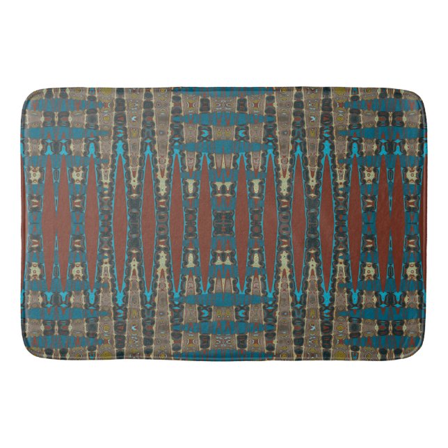 Southwestern Rust Brown Teal Mosaic Zigzag Modern Bath Mat (Front)