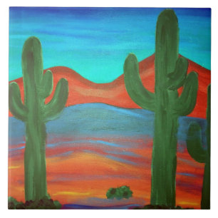 Southwestern Saguaro Sunset Painting Tile